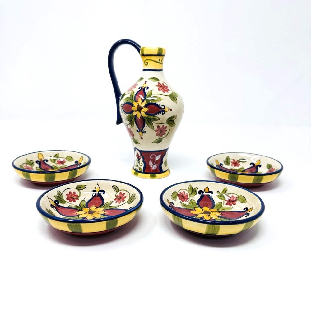 Pier 1 Vallarta Hand Painted Earthenware Oil Cruet & 4 Dip Bowls Floral Colorful